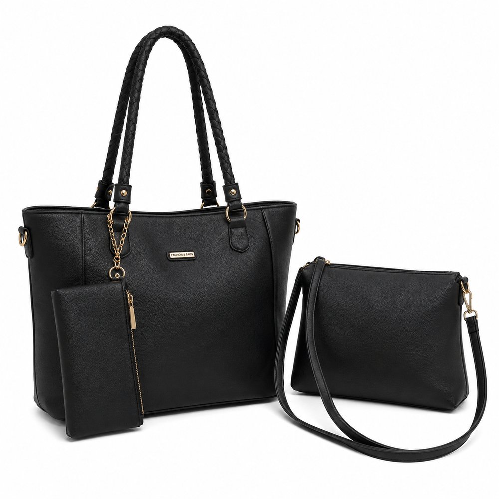 Kit 3 Bolsas Femininas Lyssa Pretas com Alça Trançada e Necessaire — foto 1
