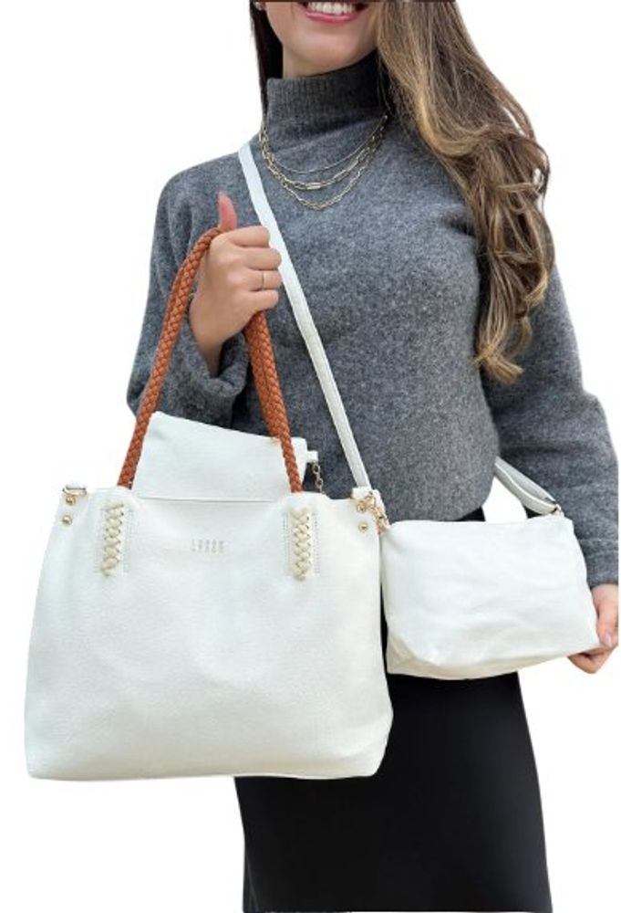 Kit 3 Peças Bolsa Feminina Estilo Tote - Branca Com Alça Caramelo — foto 1
