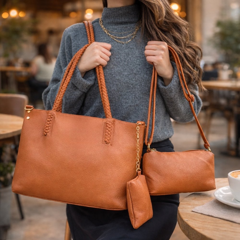 Kit 3 Peças Bolsa Feminina Estilo Tote - Caramelo