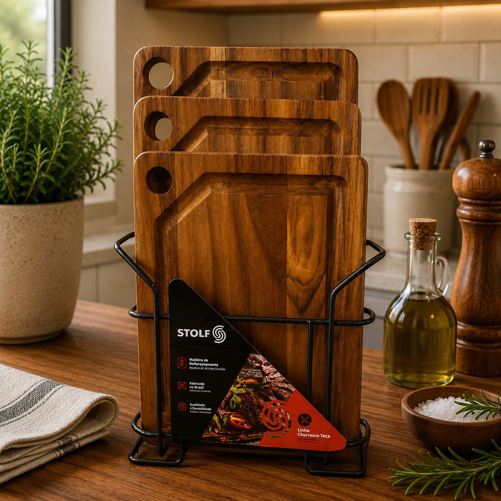 Kit 3 Tábuas para Churrasco em Madeira com Suporte de Metal — foto 1