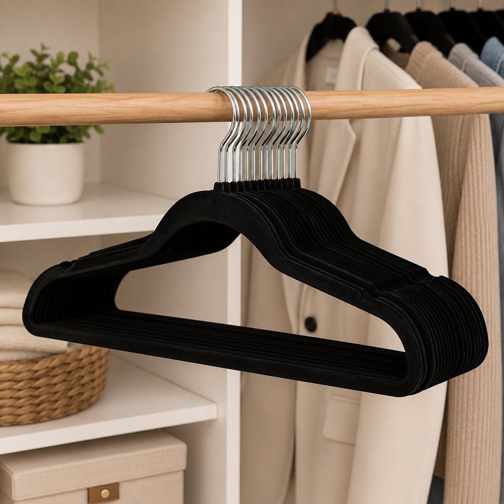 Kit com 25 Cabides Aveludados com Gancho 360° - Preto — foto 1