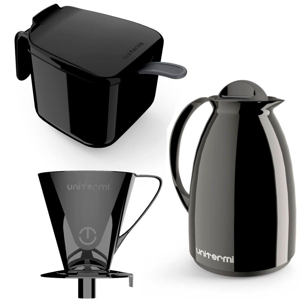 Kit Garrafa Termica Café Prático com Açucareiro com Colher e Suporte para Filtro - Preto — foto 1