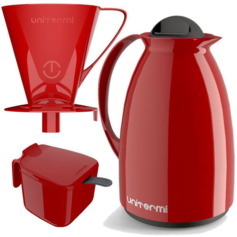 Kit Garrafa Termica Café Prático com Açucareiro com Colher e Suporte para Filtro - Vermelha — foto 1