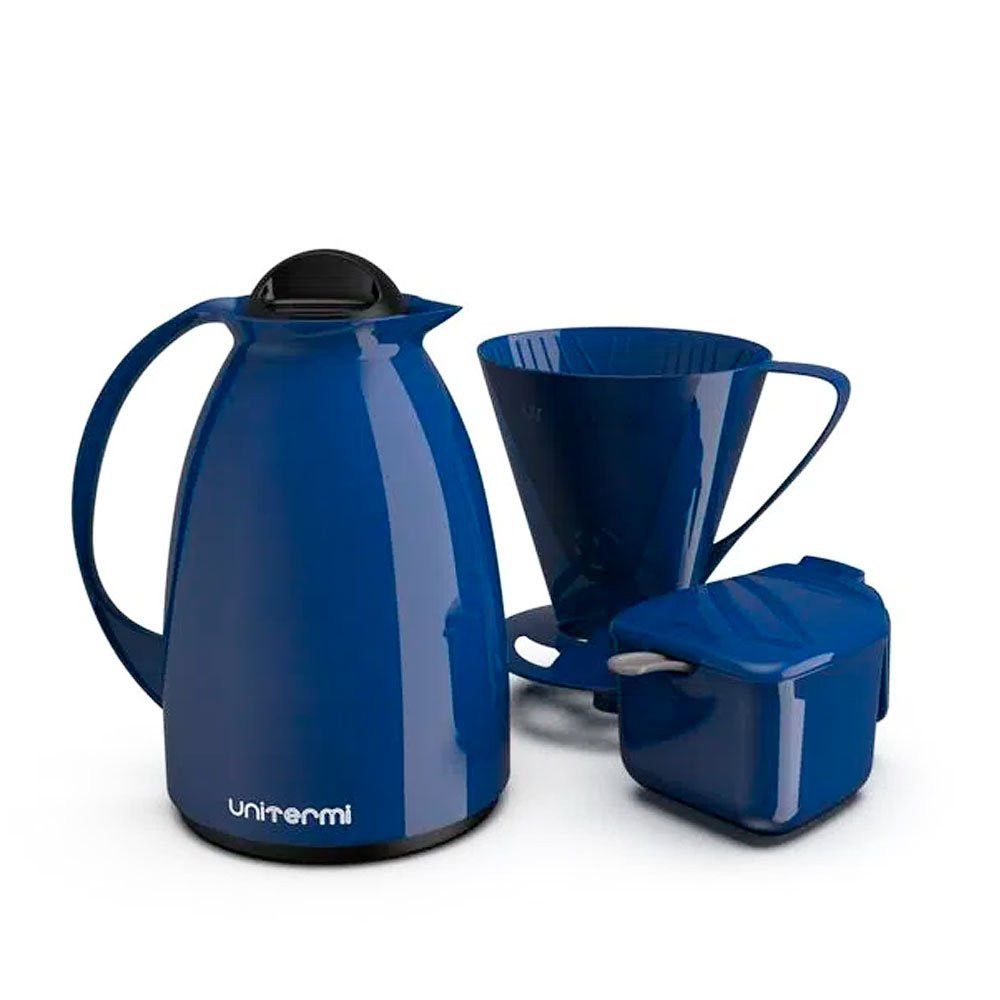 Kit Garrafa Termica Café Prático com Açucareiro com Colher e Suporte para Filtro - Azul — foto 1