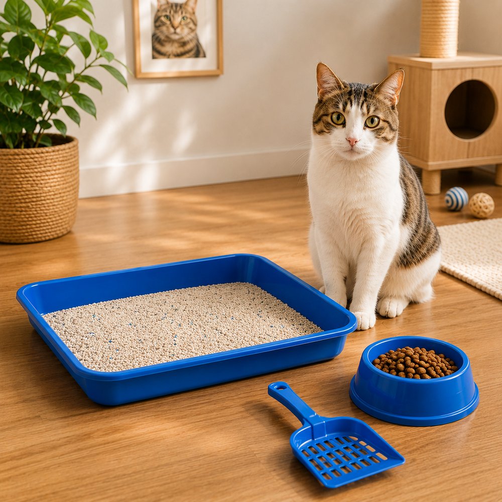 Kit Higiênico para Gatos Furacão Pet Azul com Bandeja Pá e Comedouro — foto 1
