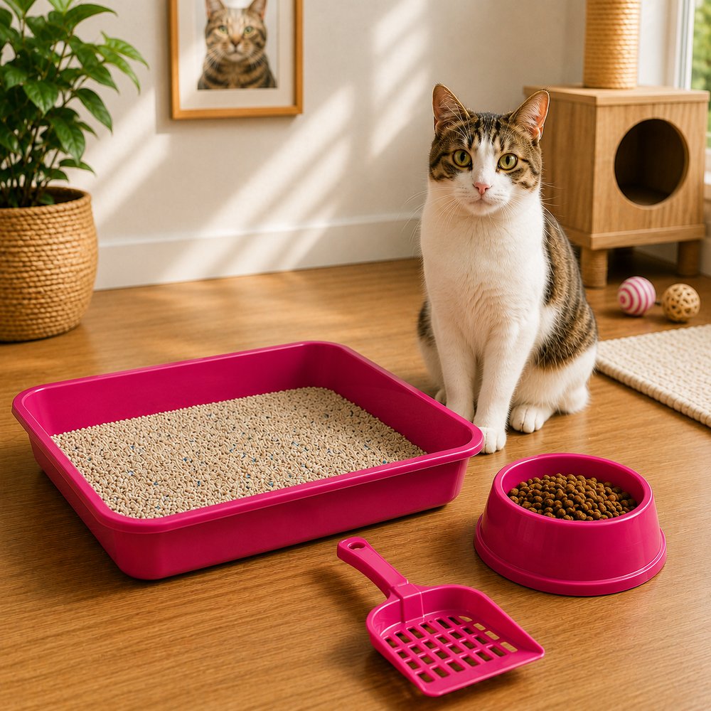 Kit Higiênico para Gatos Furacão Pet Rosa com Bandeja Pá e Comedouro — foto 1