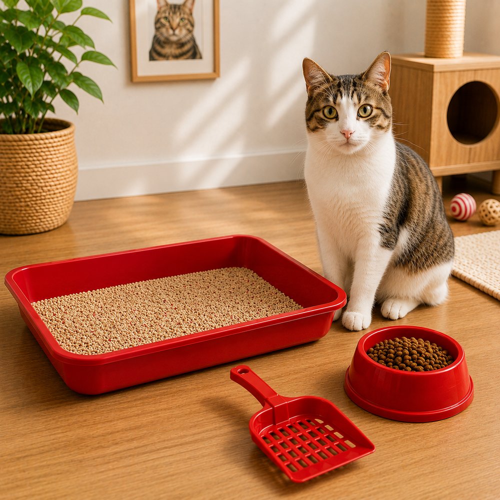Kit Higiênico para Gatos Furacão Pet Vermelho com Bandeja Pá e Comedouro — foto 1