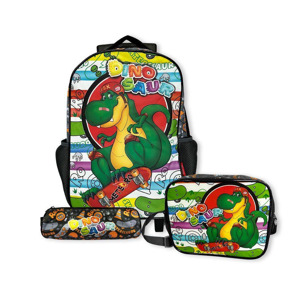 Kit Mochila de Rodinhas Dinossauro Preta Rocie 3 Peças