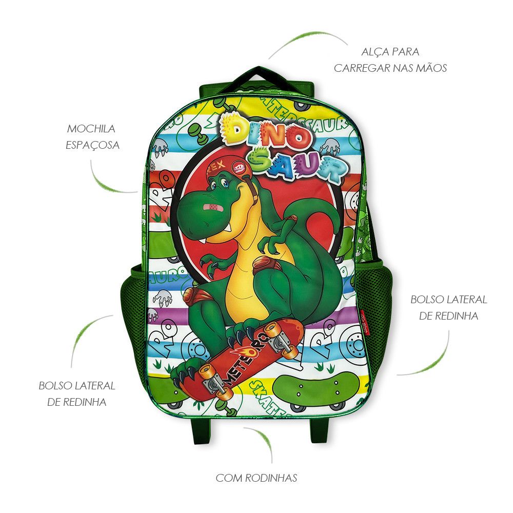 Kit Mochila de Rodinhas Dinossauro Verde Rocie 3 Peças