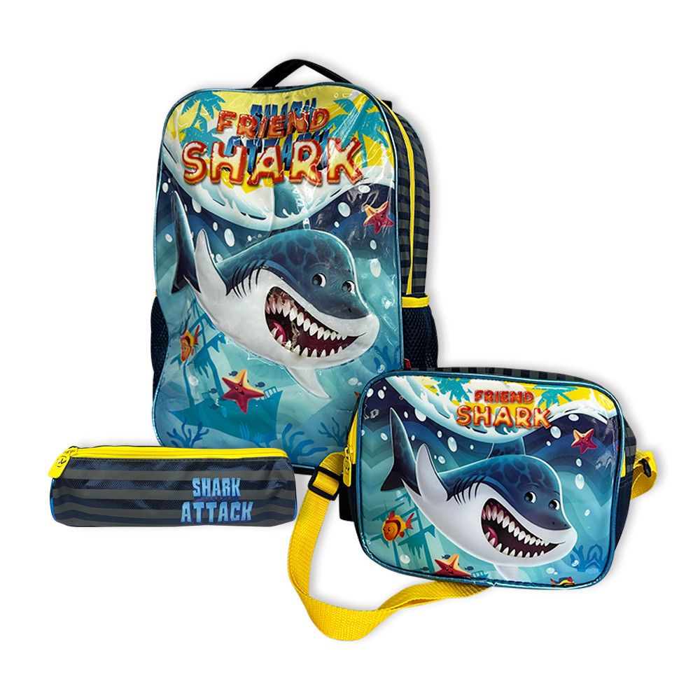 Kit Mochila de Rodinhas Tubarão Azul Amarelo 3 Peças