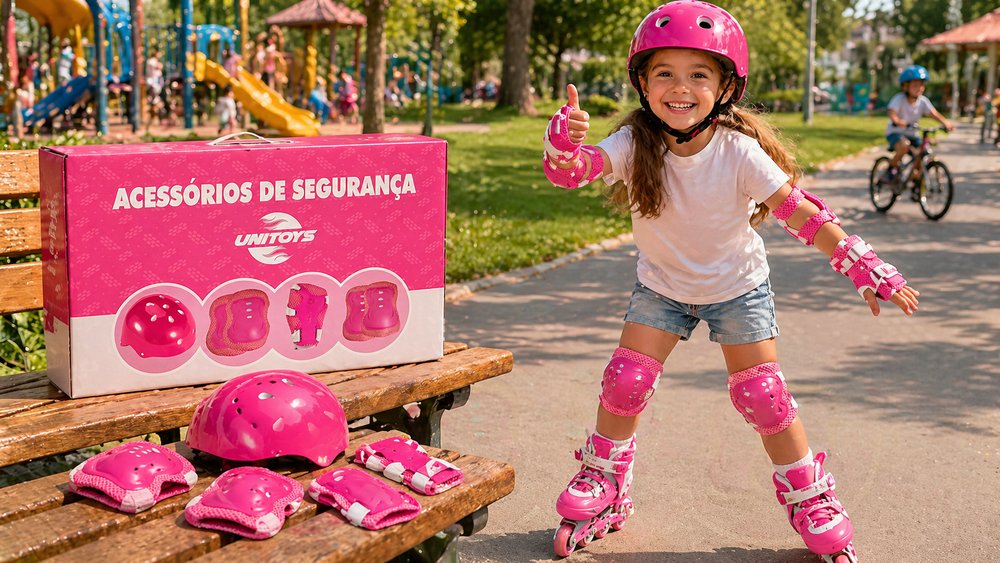 Kit Proteção e capacete Infantil Completo 7 peças - Rosa — foto 1