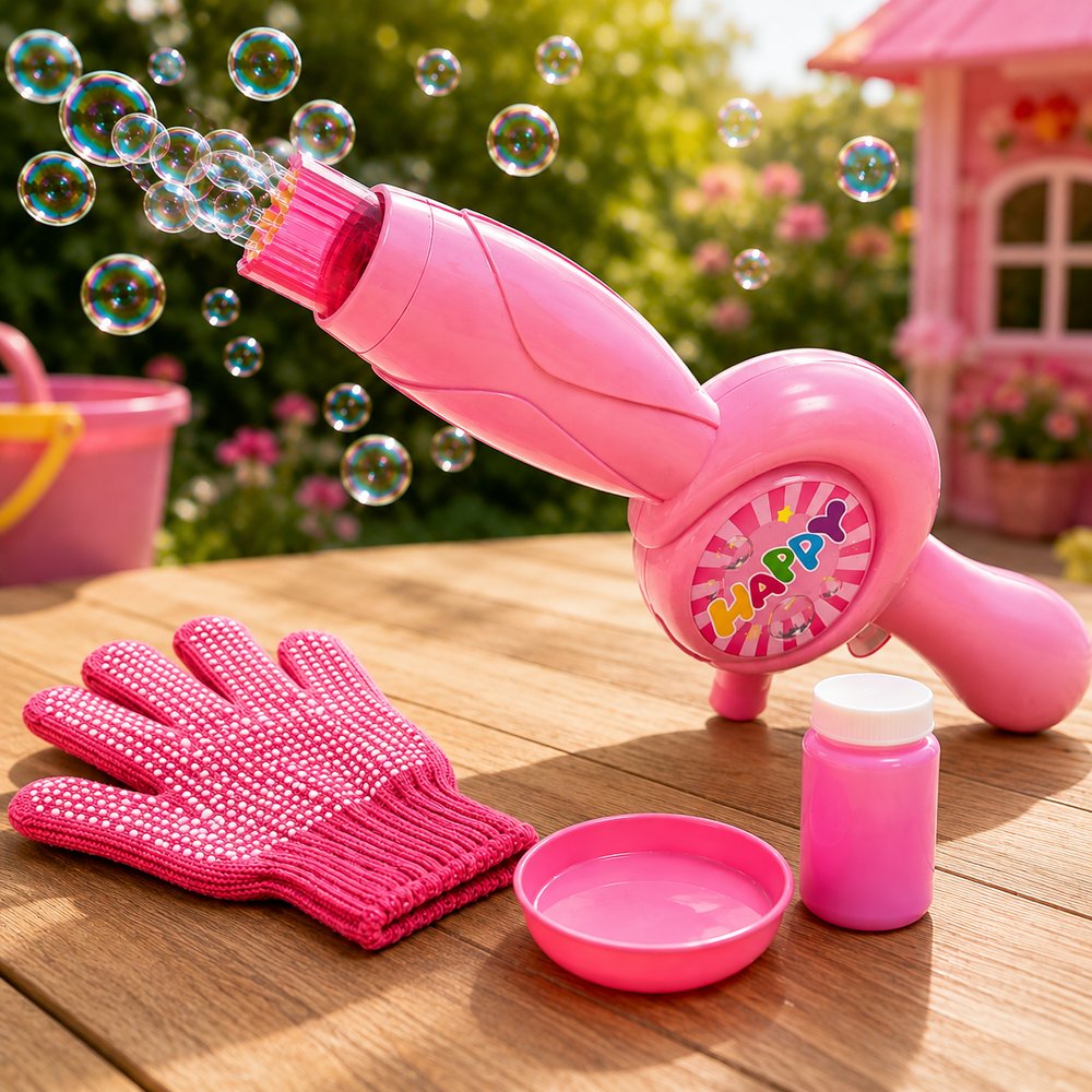 Lança Bolhas de Sabão Infantil Automático Rosa com Luz