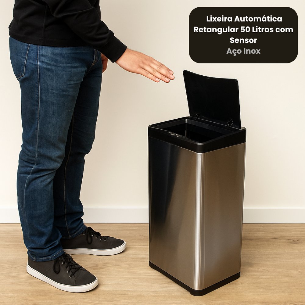 Lixeira Automática Retangular 50 Litros com Sensor - Aço Inox