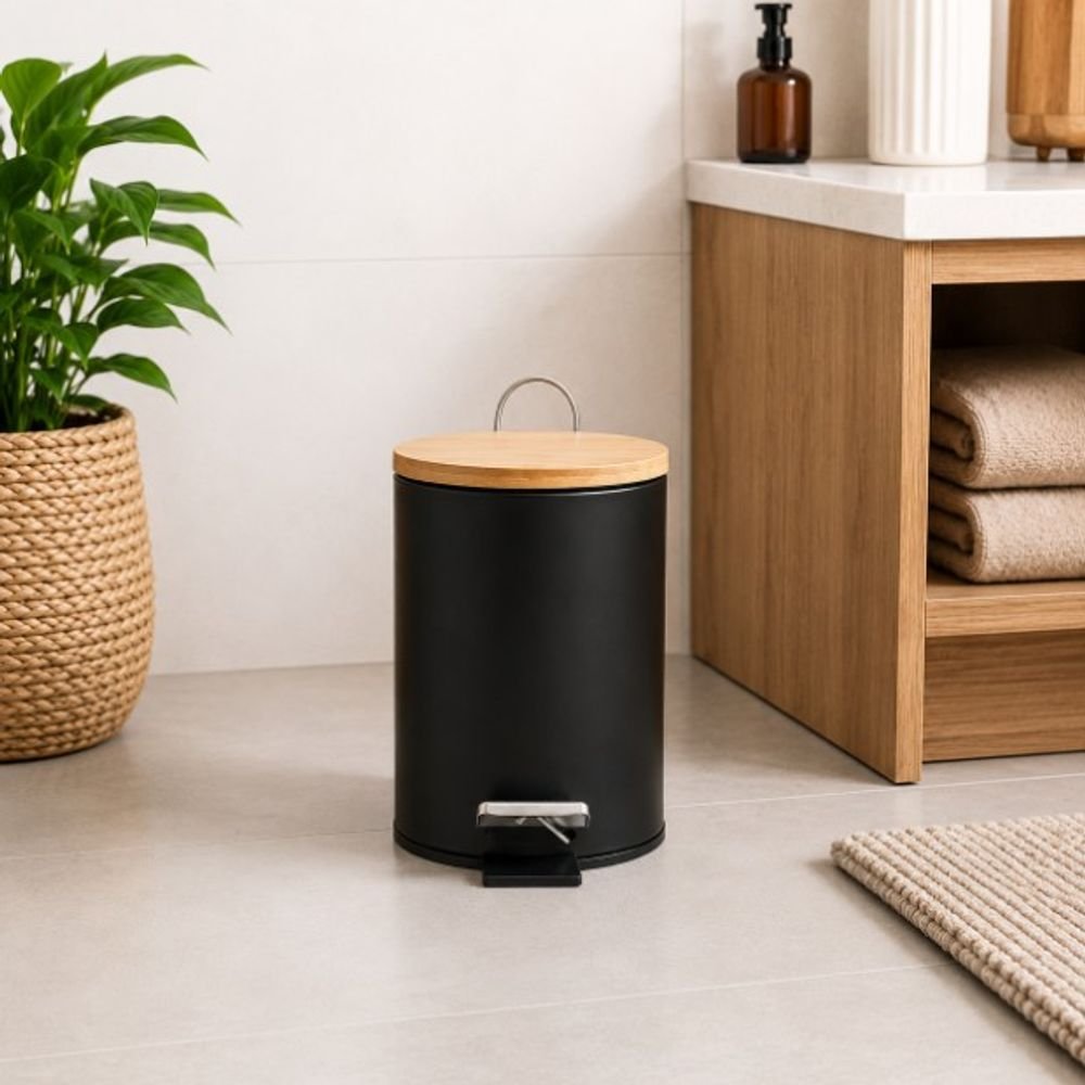 Lixeira com Pedal e Tampa de Bambu 3 Litros - Preta — foto 1