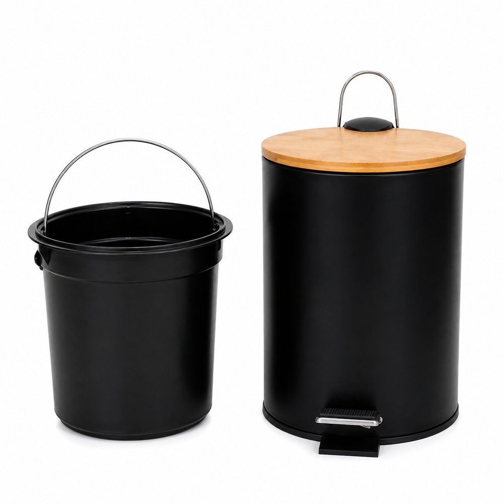 Lixeira com Pedal e Tampa de Bambu 5 Litros - Preta