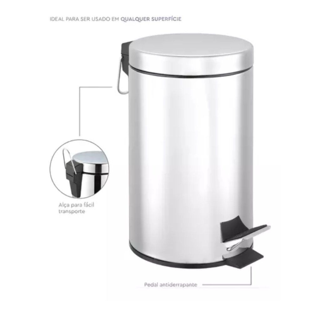 Lixeira Inox Redonda Power Maid 3 Litros com Cesto Interno