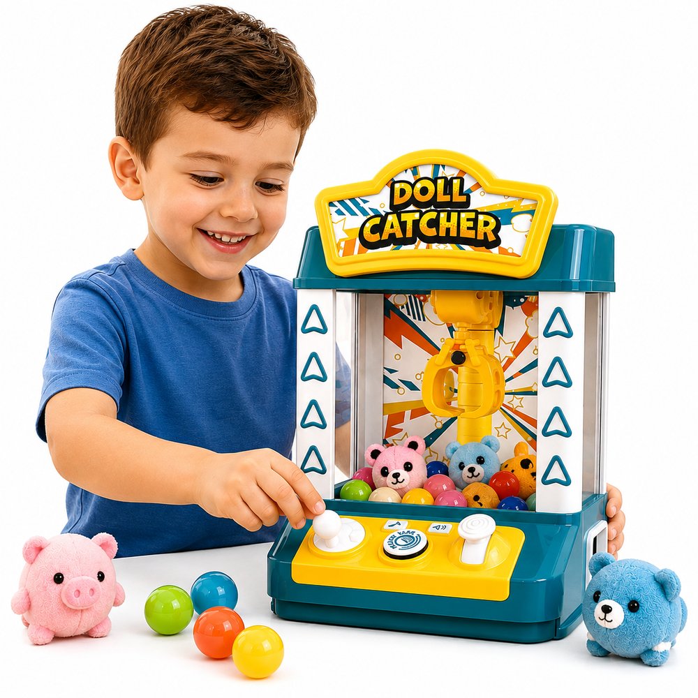 Máquina de Pegar Brinquedos Doll Catcher Azul com Garra, Luz, Música e Pelúcias