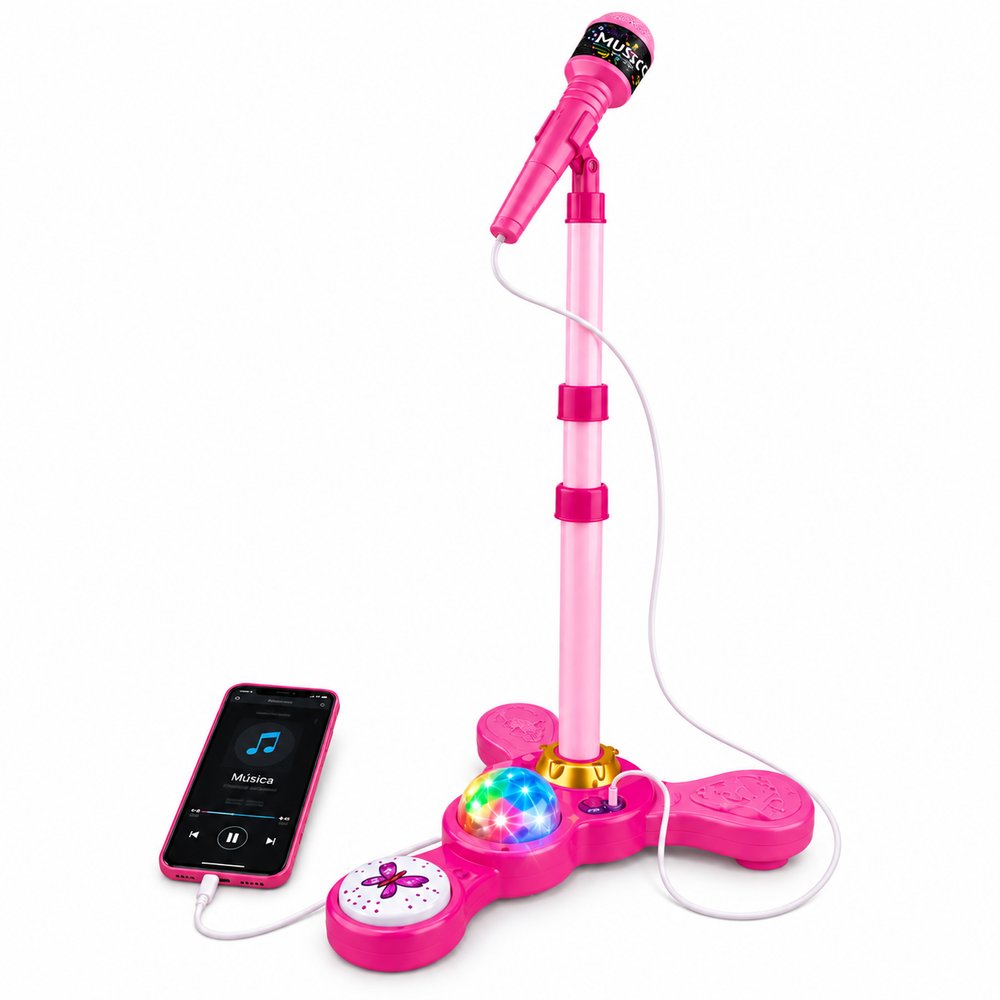 Microfone Infantil com Pedestal Karaokê MP3 - Rosa