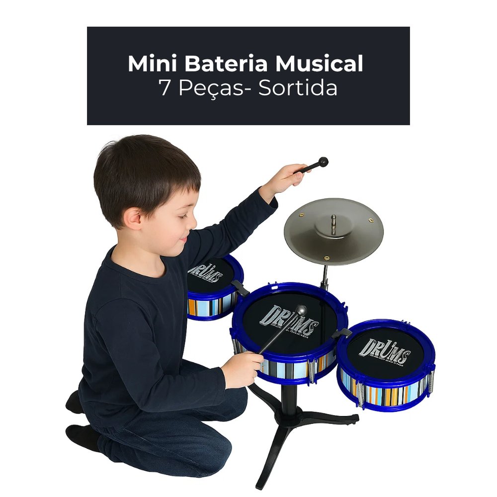 Mini Bateria Musical Infantil 7 Peças com 3 Tambores, Prato e Baquetas em Cores Sortidas — foto 1