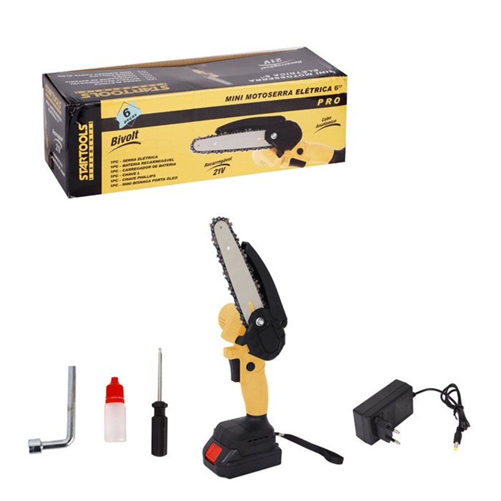 Mini Motosserra Elétrica 6'' Com Bateria Recarregável Bivolt