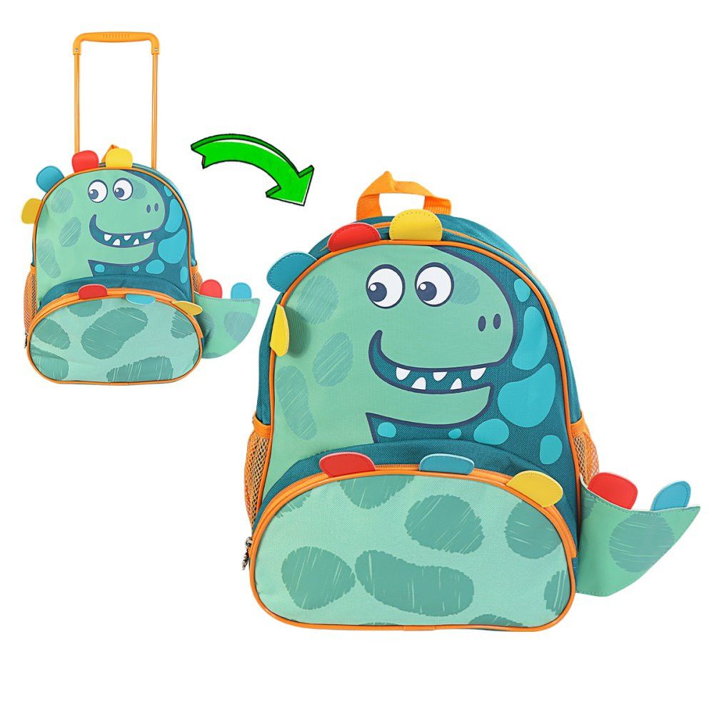 Mochila Infantil de Rodinhas Clio Pets Dino Verde 14L