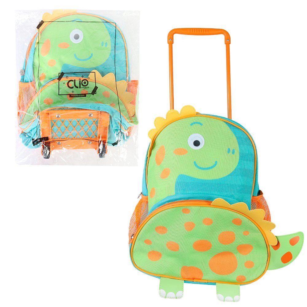 Mochila Infantil de Rodinhas Clio Pets Dino Verde 14L