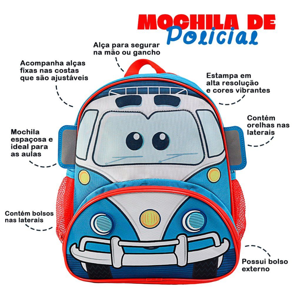 Mochila Infantil Clio Pets Carro de Polícia 35cm com Alças