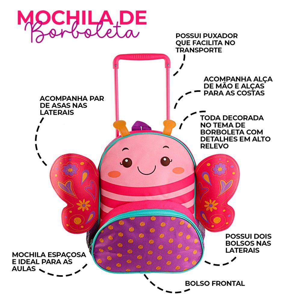 Mochila Infantil de Rodinhas Clio Pets Borboleta Rosa
