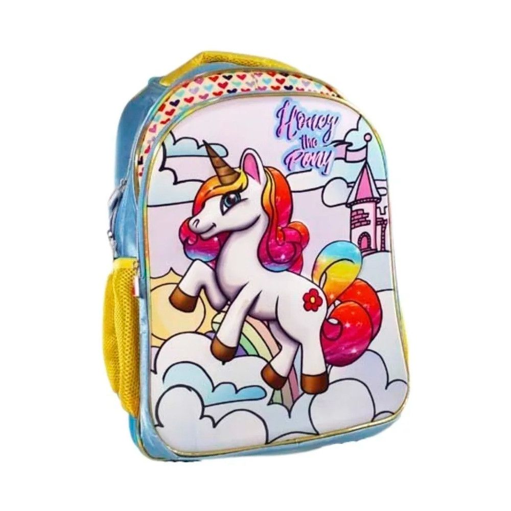 Mochila Escolar Unicórnio 3D Azul e Amarela 41cm