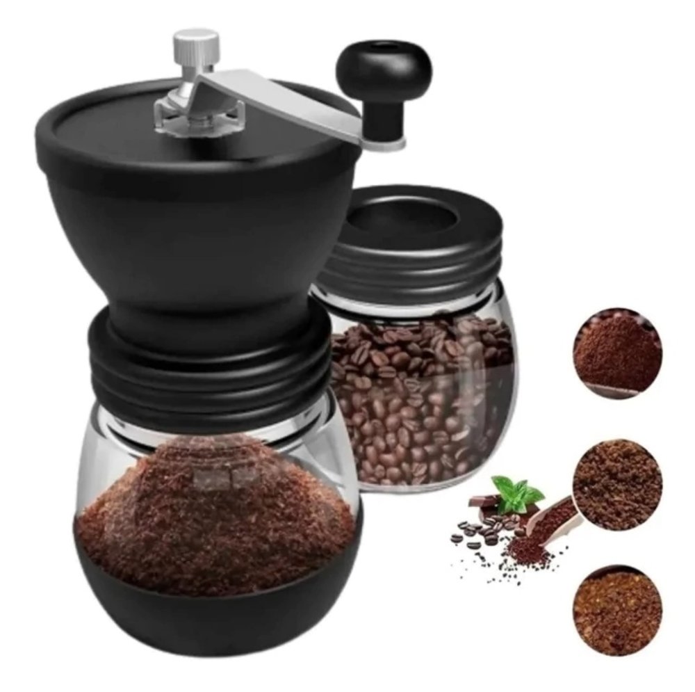 Moedor manual Recipiente de vidro Tampa plástica Manivela em aço inox- Preto