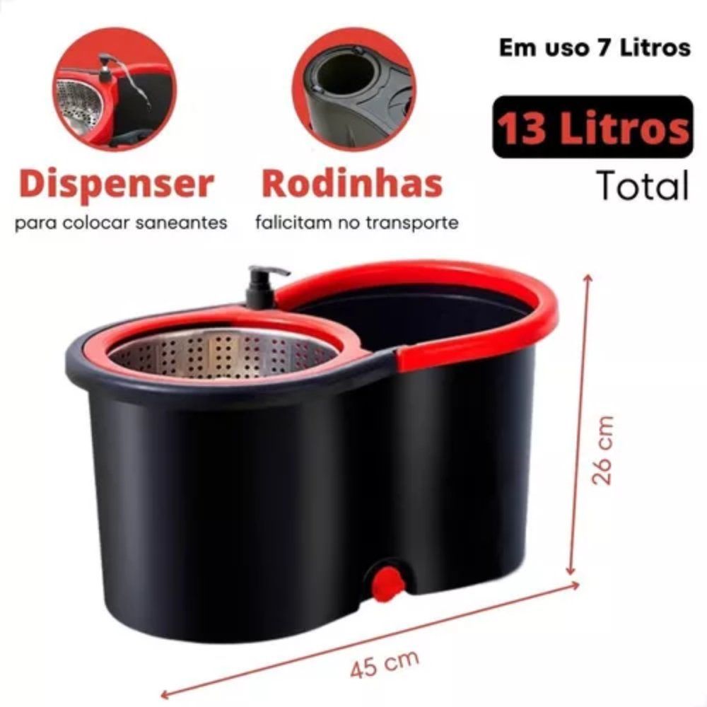 Mop Giratório Power Maid Pro com Balde 13 Litros Rodinhas e Refil