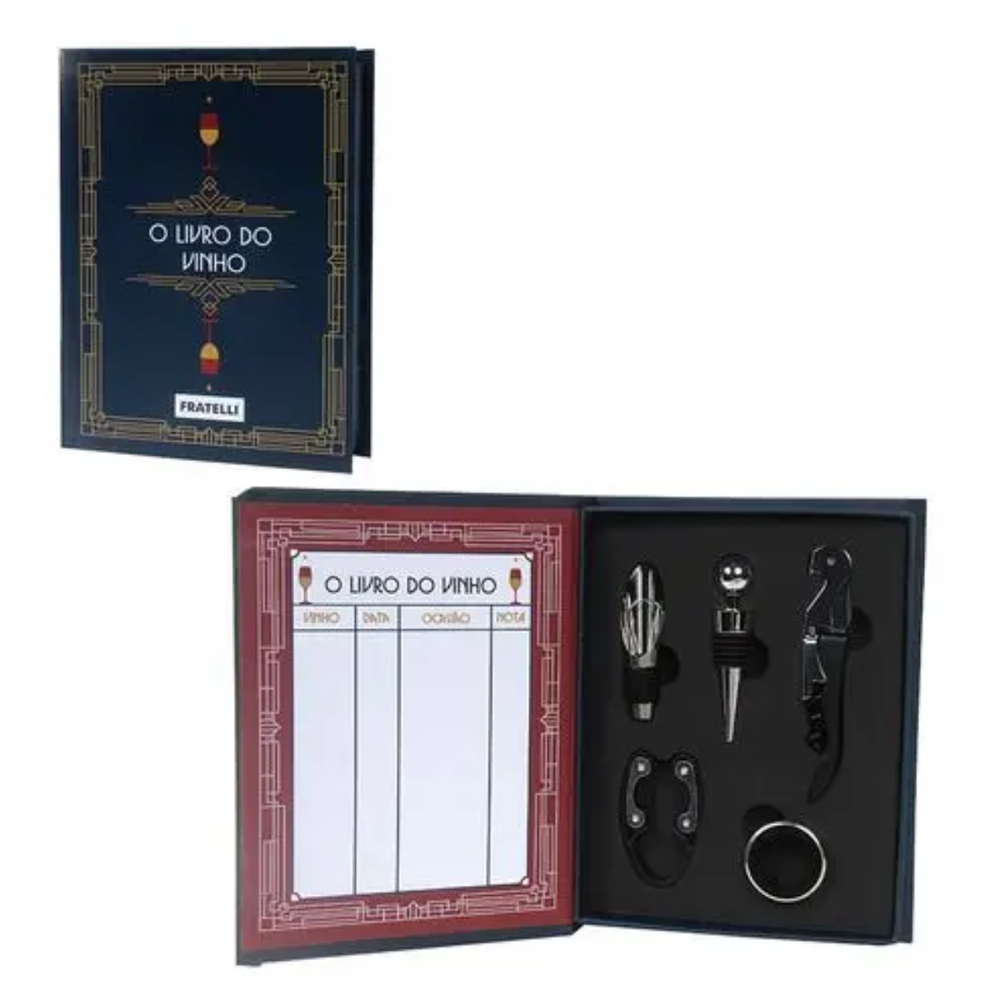 Kit Vinho Fratelli Livro 5 Peças com Saca-Rolhas