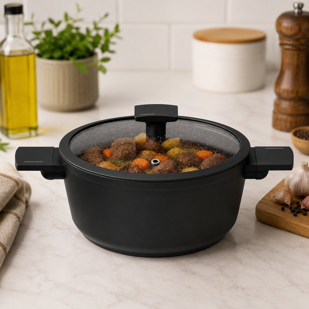 Panela com Tampa de Vidro Duas Alças Max Black 24cm - Preta — foto 1