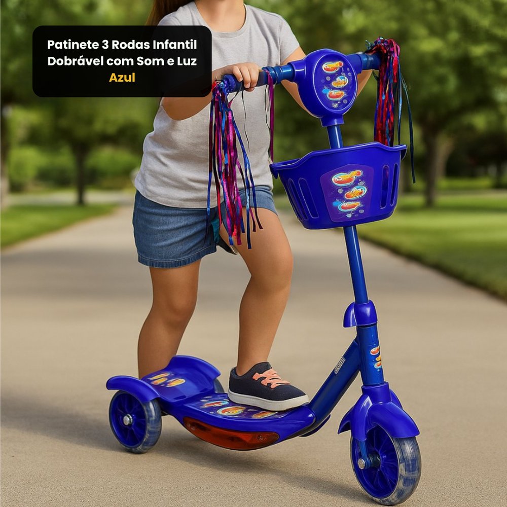 Patinete 3 Rodas Infantil Dobrável com Som e Luz - Azul — foto 1