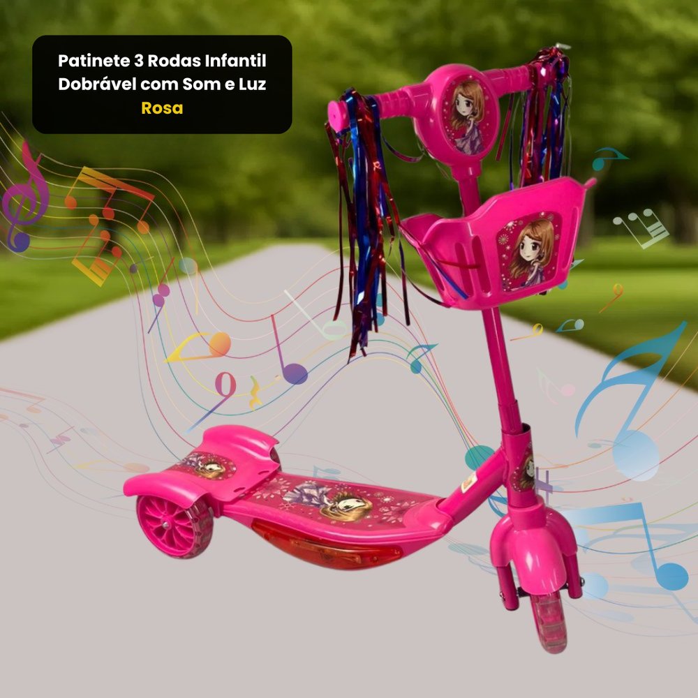 Patinete 3 Rodas Infantil Dobrável com Som e Luz - Rosa — foto 1