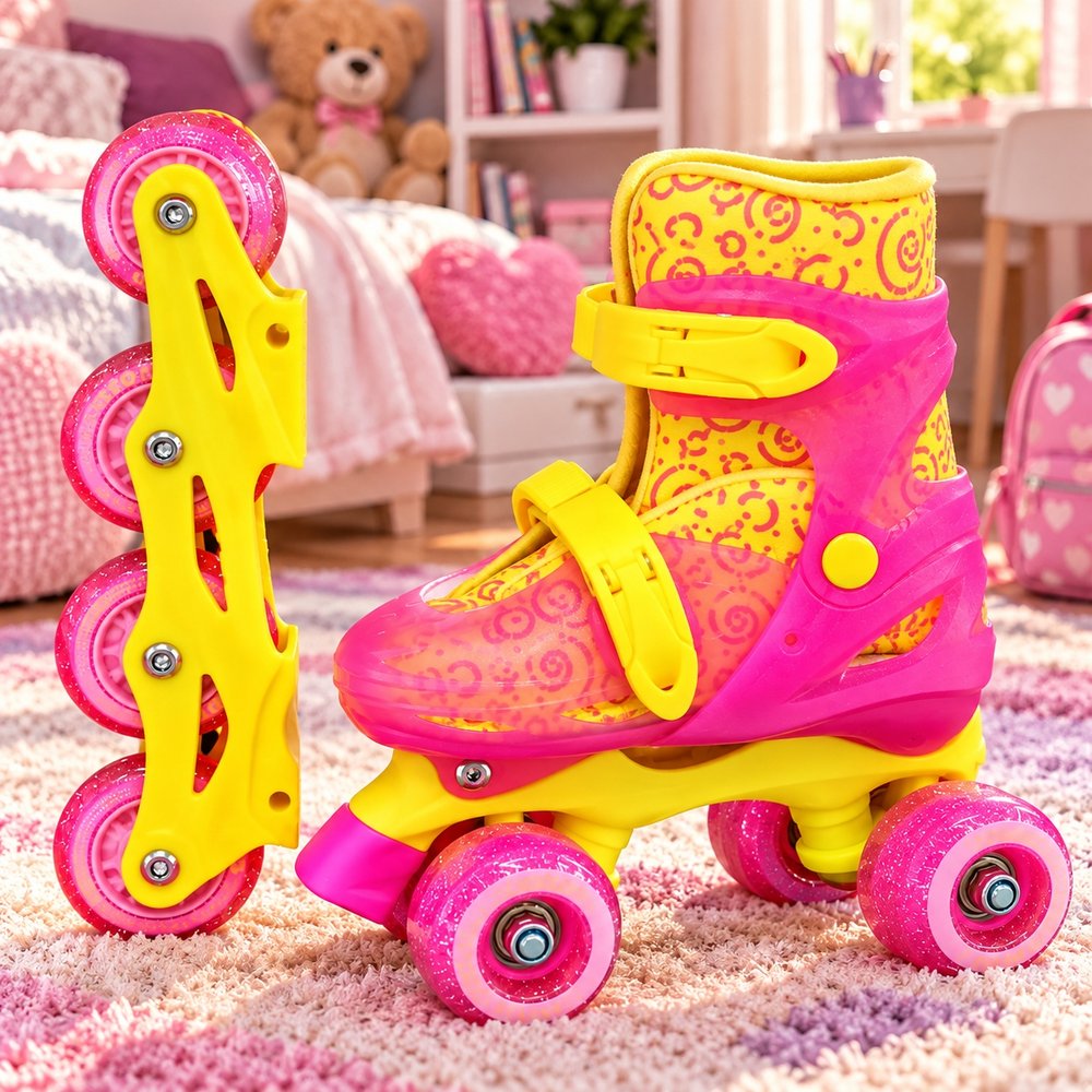 Patins 2 em 1 Glow Girl Unitoys Quad e Inline Ajustável 34 ao 37 Brinquedo -Rosa — foto 1