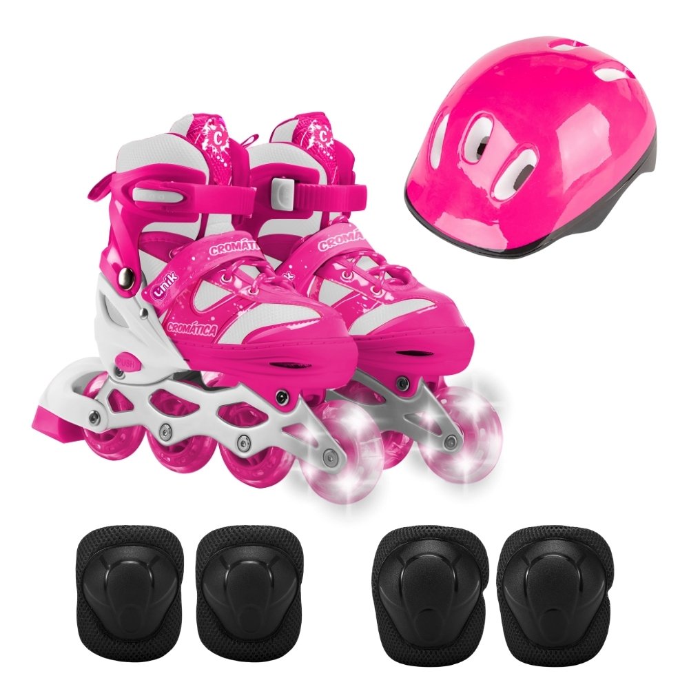 Patins Infantil Unik Travessos LED Rosa Ajustável 31 a 34 — foto 1