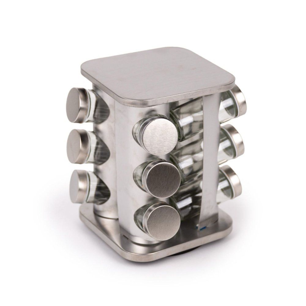 Porta Condimentos e Temperos Giratório com 12 Potes em Aço Inox e Vidro