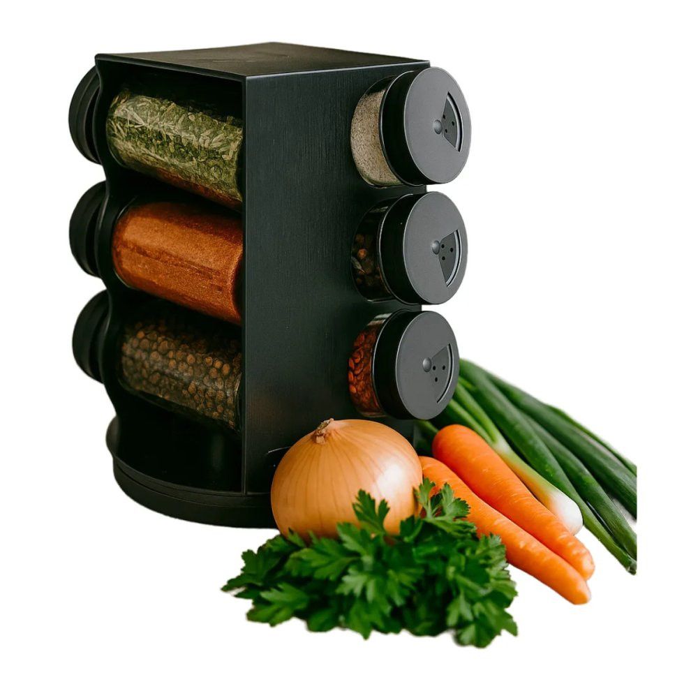 Porta Condimentos Giratório Plástico Preto com 06 Potes 80ml