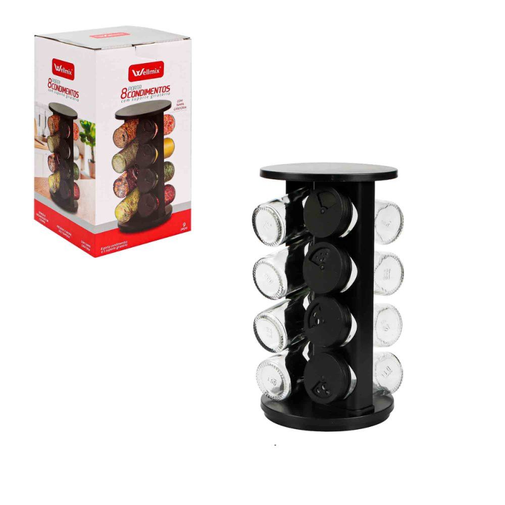 Porta Condimentos Giratório Plástico Preto com 08 Potes 80ml — foto 1