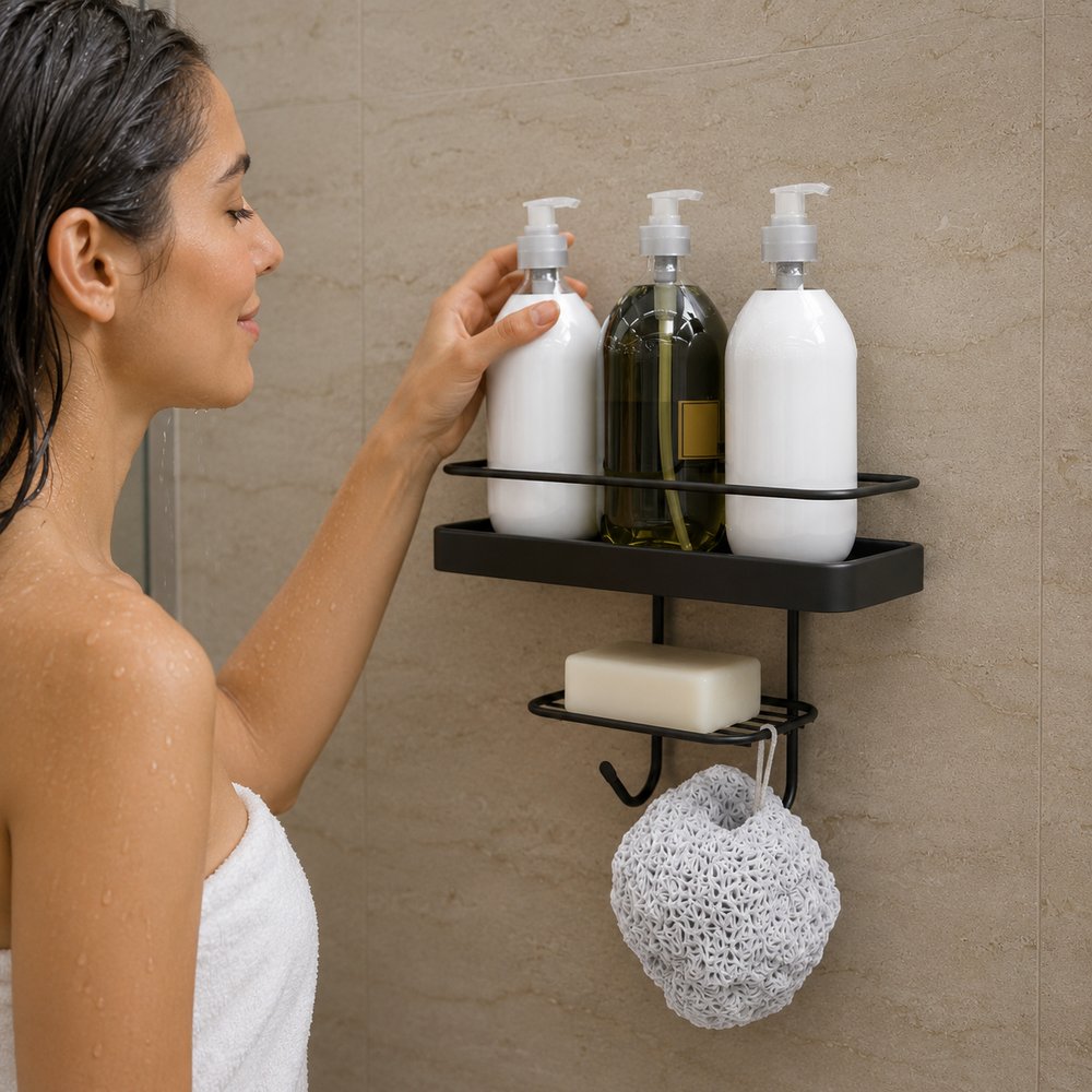 Porta Shampoo Retangular com Base e Saboneteira com Adesivo - Preto — foto 1