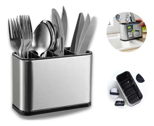 Porta Talher de Aço Inox com 4 Divisórias e Bandeja Removível