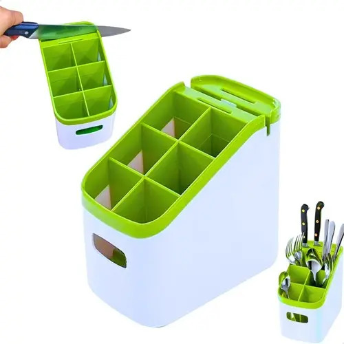 Porta Talheres com Afiador de Facas Verde e Branco, 6 Divisões