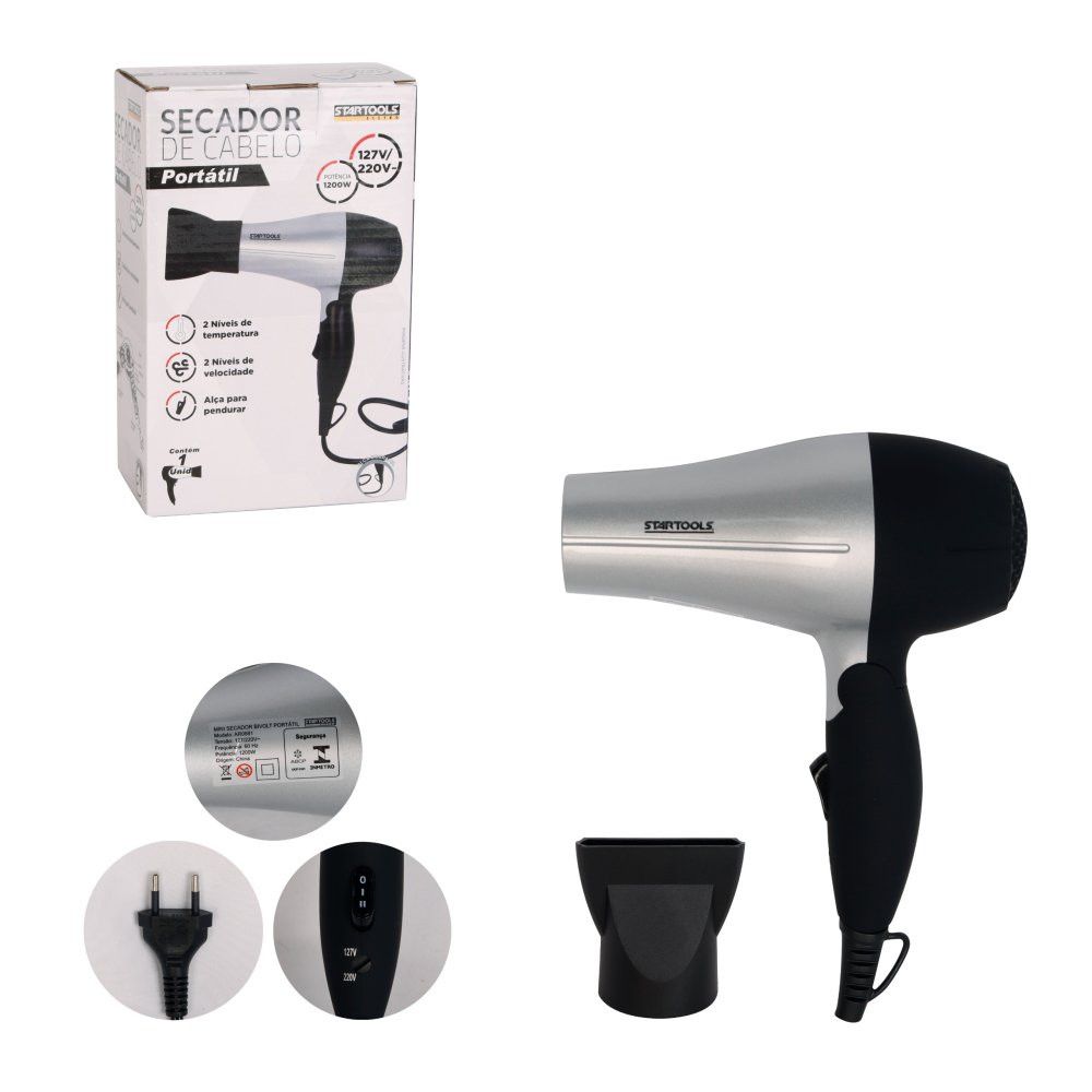 Secador de Cabelo Portátil 1200W Bivolt - Cinza