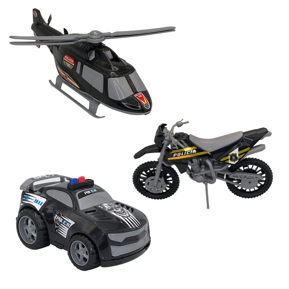 Kit Polícia Infantil Preto com Carro, Moto e Helicóptero para Brincadeiras de Resgate — foto 1