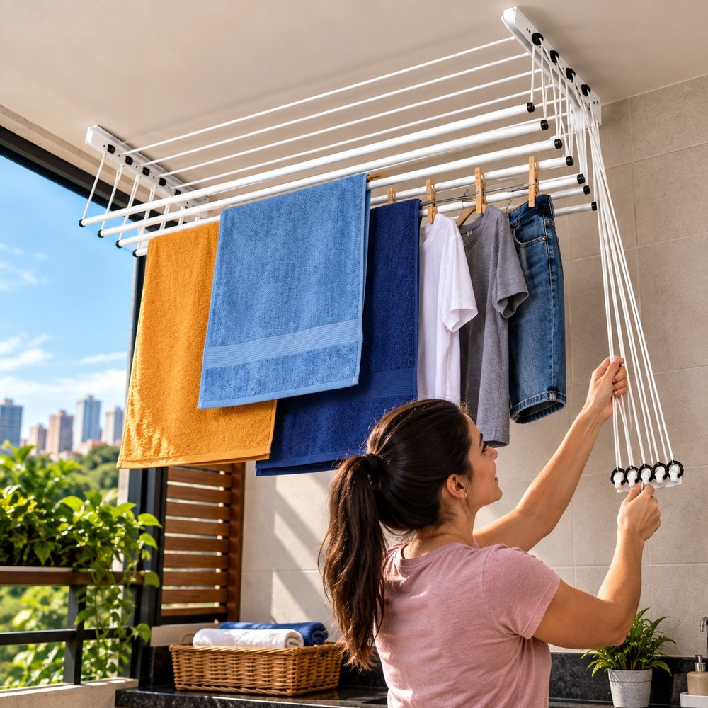 Varal de Teto em Aço 120cm com 10 Varetas - Branco — foto 1