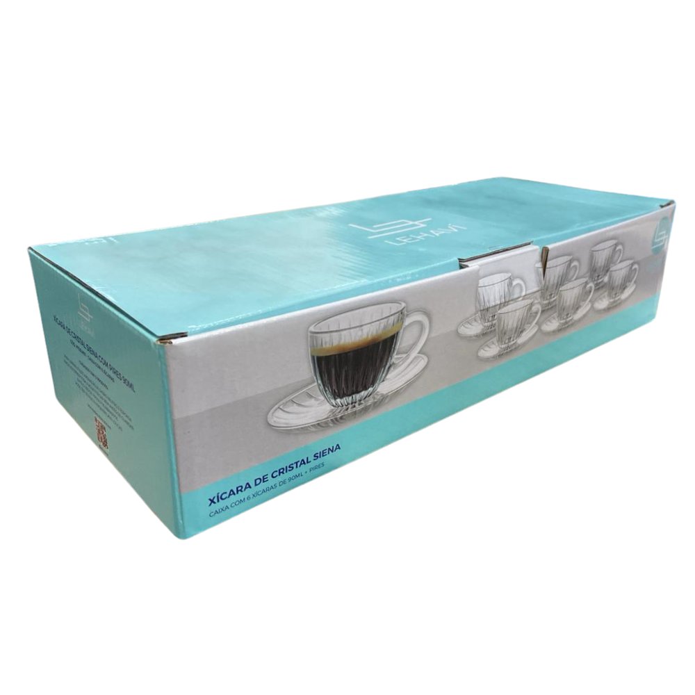 Jogo de 6 Xícaras Siena de Cristal 90 ml com Pires e Relevo Vertical para Café